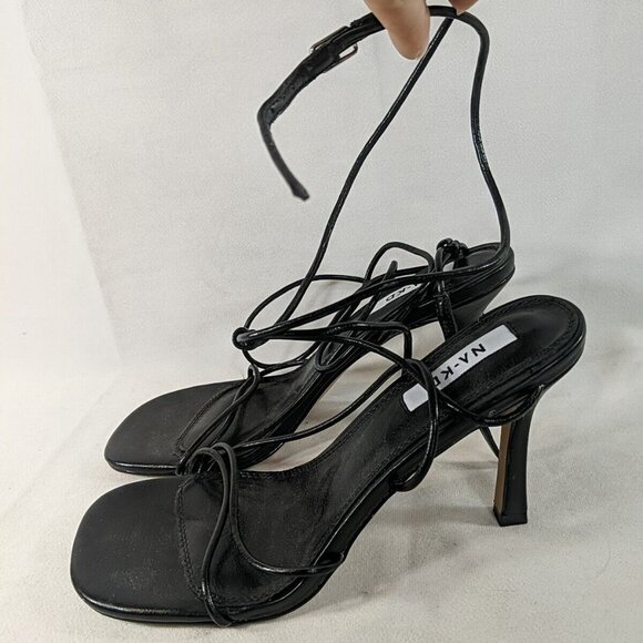 NA-KD Nothing But Style Round Toe Strappy Heel 7.5 US 38 Black Faux Leather 3" - Picture 2 of 10